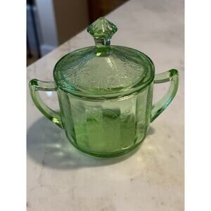 Green Jeanette Depression Uranium Glass Poinsettia Sugar Bowl with Lid Glows